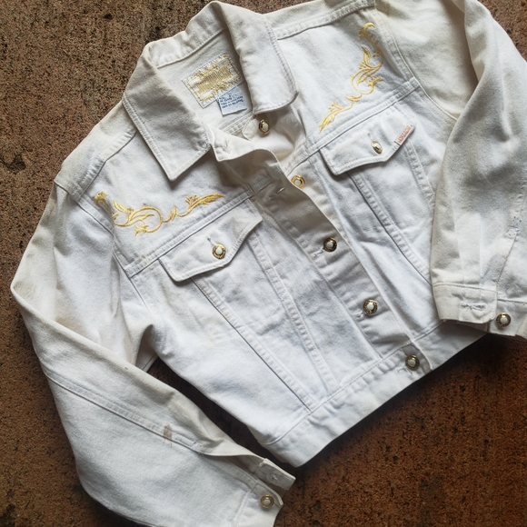 Vintage 90s Distressed Cropped White Denim Jacket - Picture 1 of 8